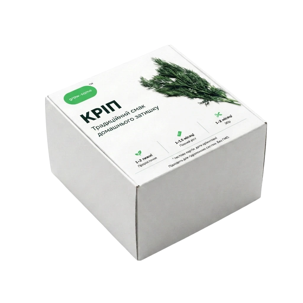 Біла картонна упаковка grow-some зі змінними картриджами для вирощування кропу в гідропонній системі