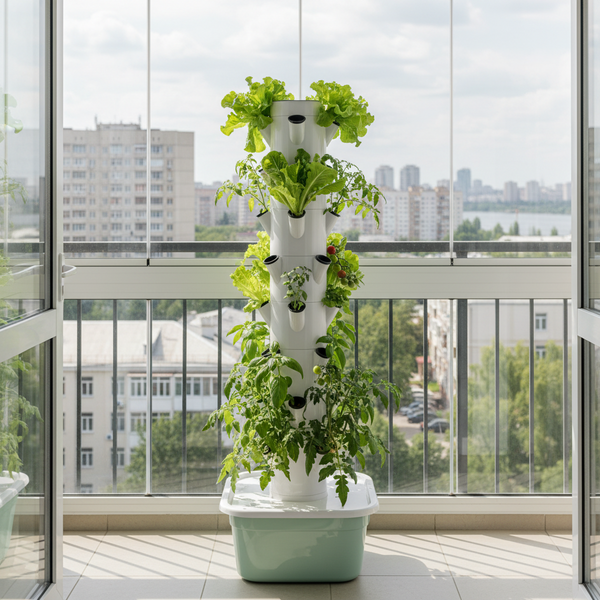 Вертикальна гідропонна система grow-some на 8 секцій з вирощуваними салатом та томатами на світлому балконі