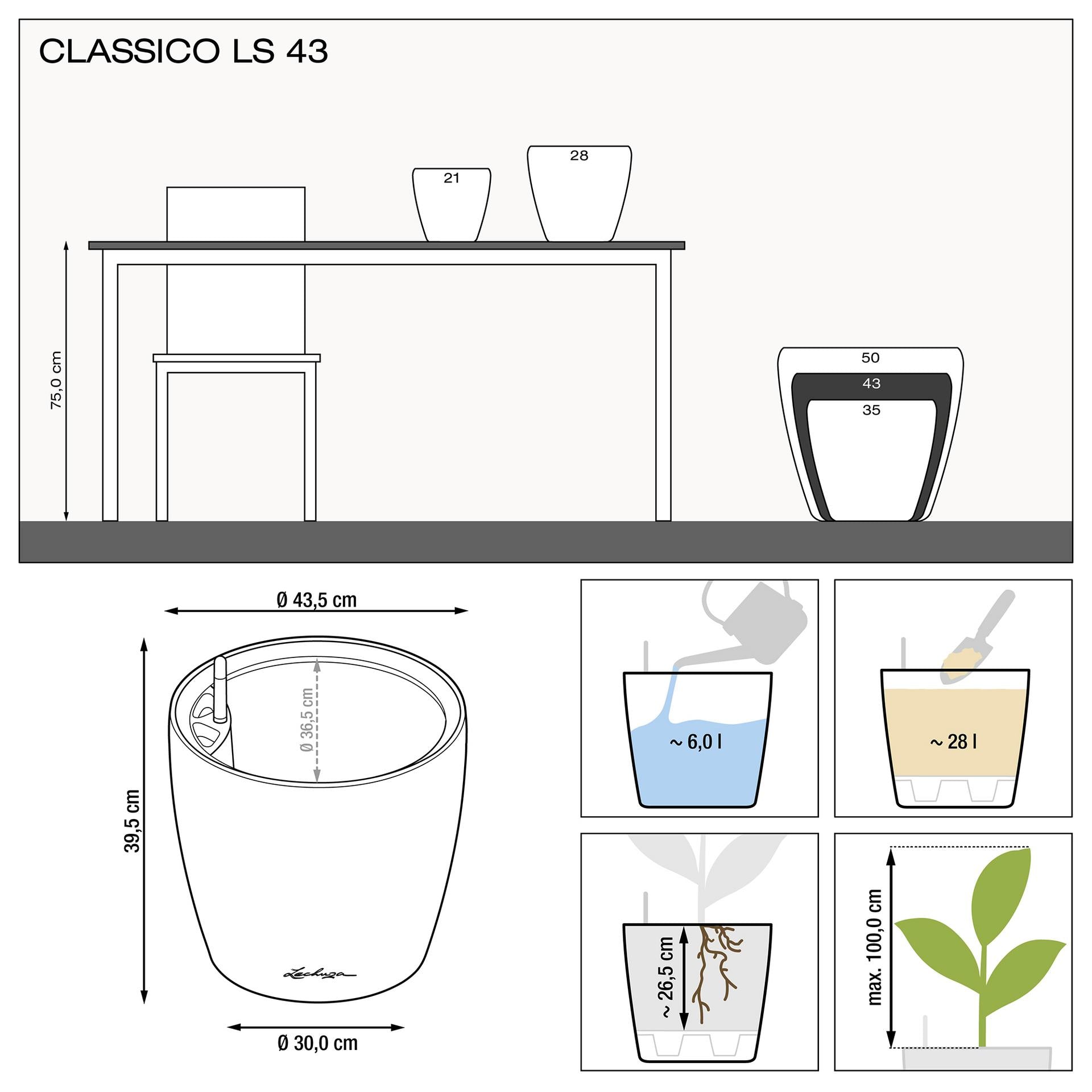 Вазон Lechuzа Classico Premium LS 43, антрацит