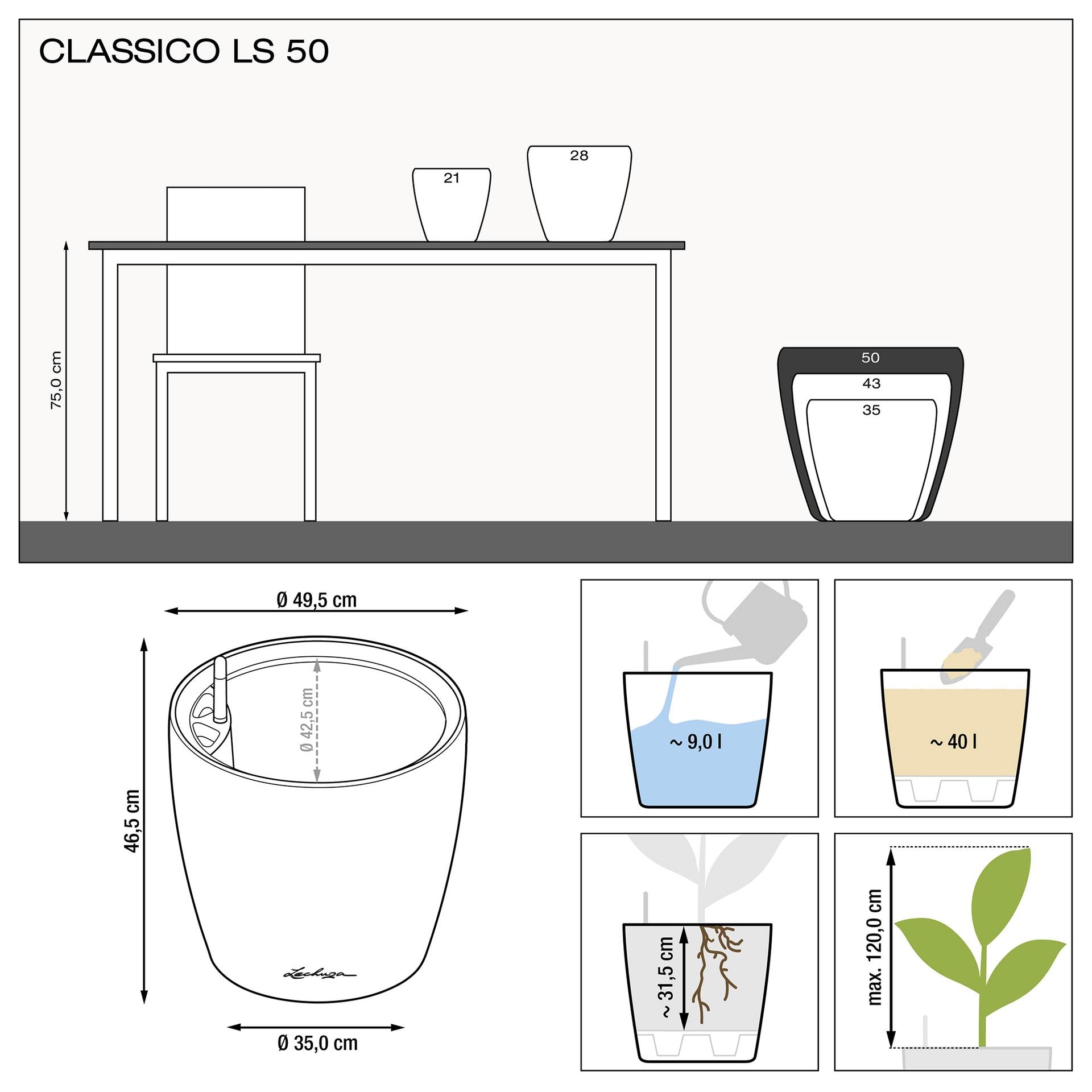 Вазон Lechuzа Classico Premium LS 50, антрацит