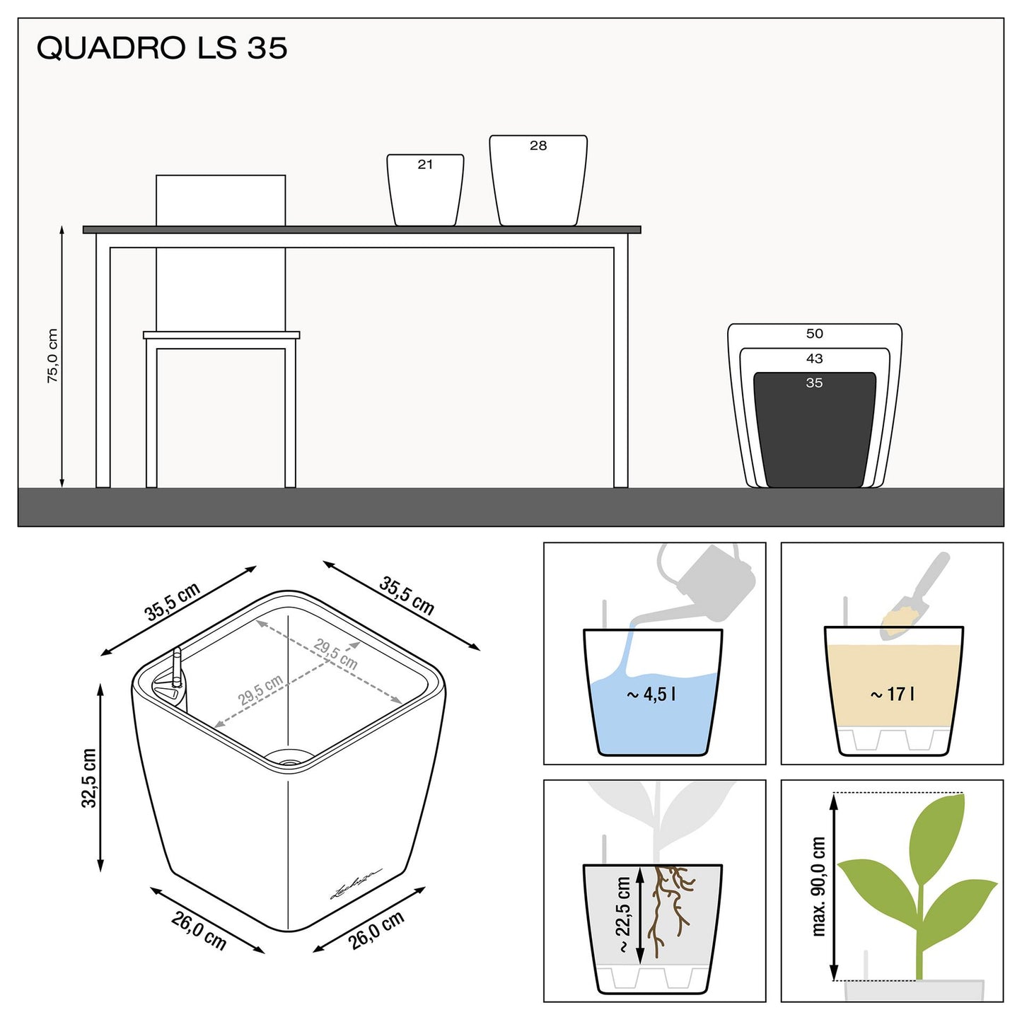 Вазон Lechuzа Quadro Premium LS 35, сіро-коричневий