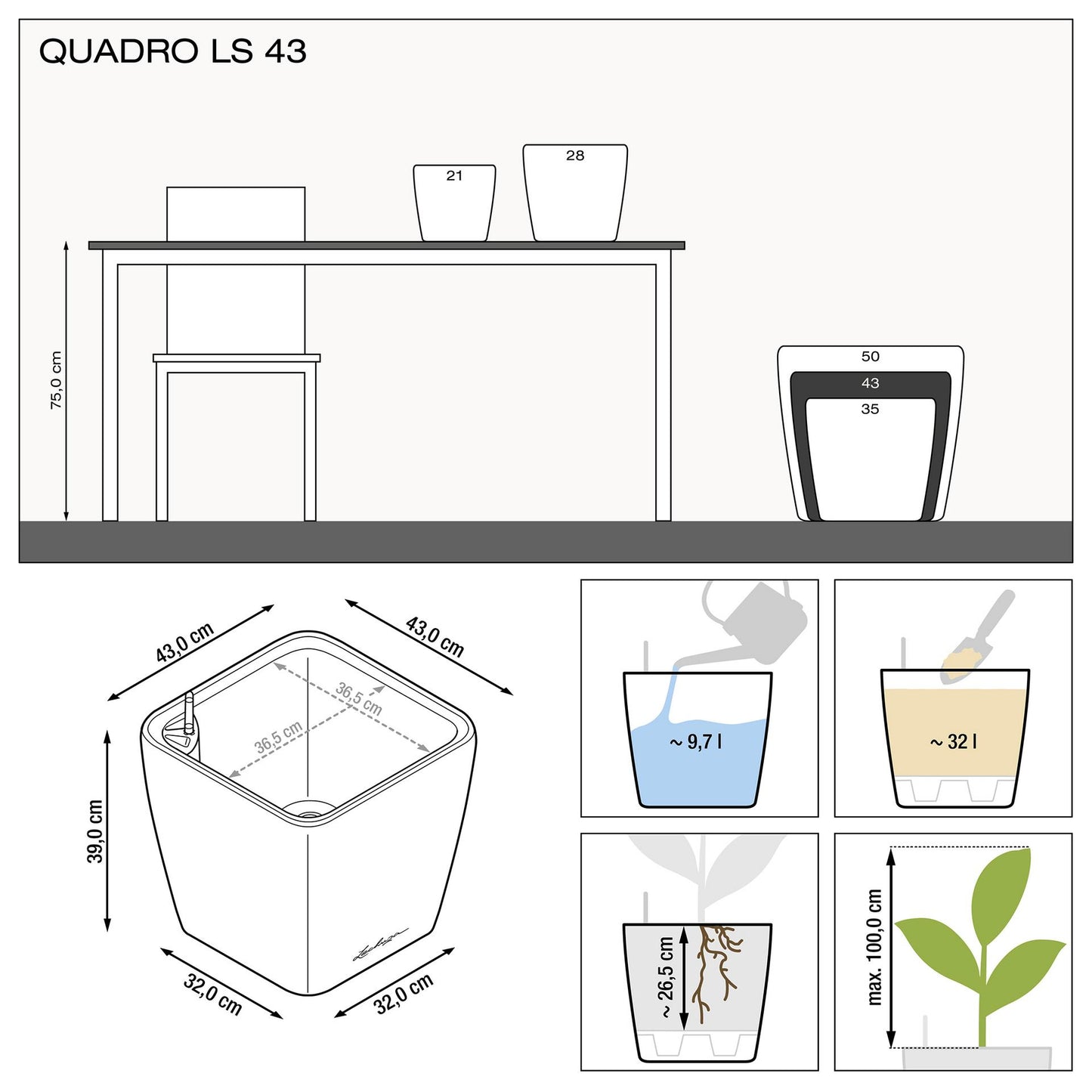 Вазон Lechuzа Quadro Premium LS 43, білий