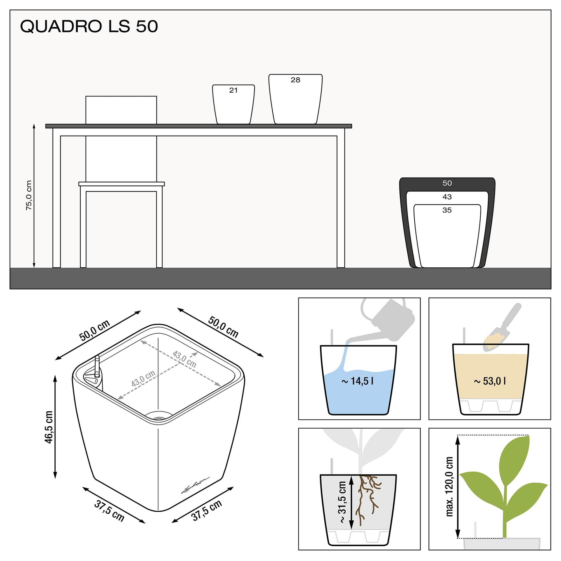 Вазон Lechuzа Quadro Premium LS 50, антрацит