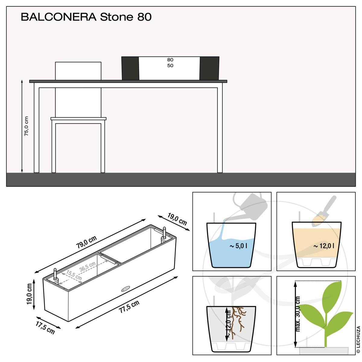 Вазон Lechuza Balconera Stone 80, пісочно-бежевий