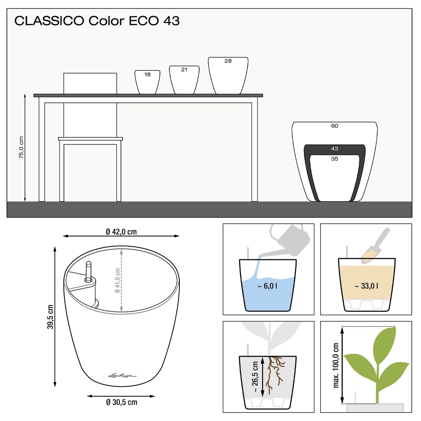 Вазон Lechuza CLASSICO Color ECO 43  сірий