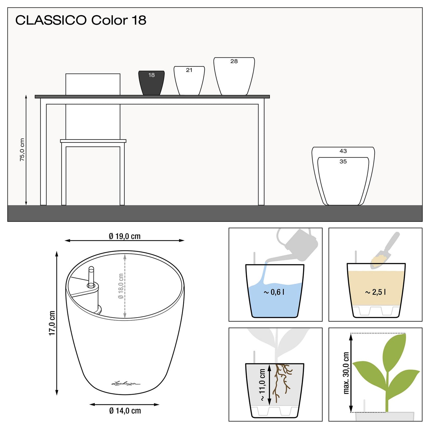 Вазон Lechuza Classico Color 18, сірий
