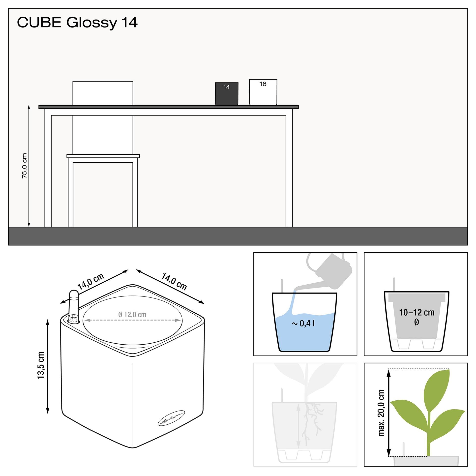 Вазон Lechuza Cube Glossy 14, білий