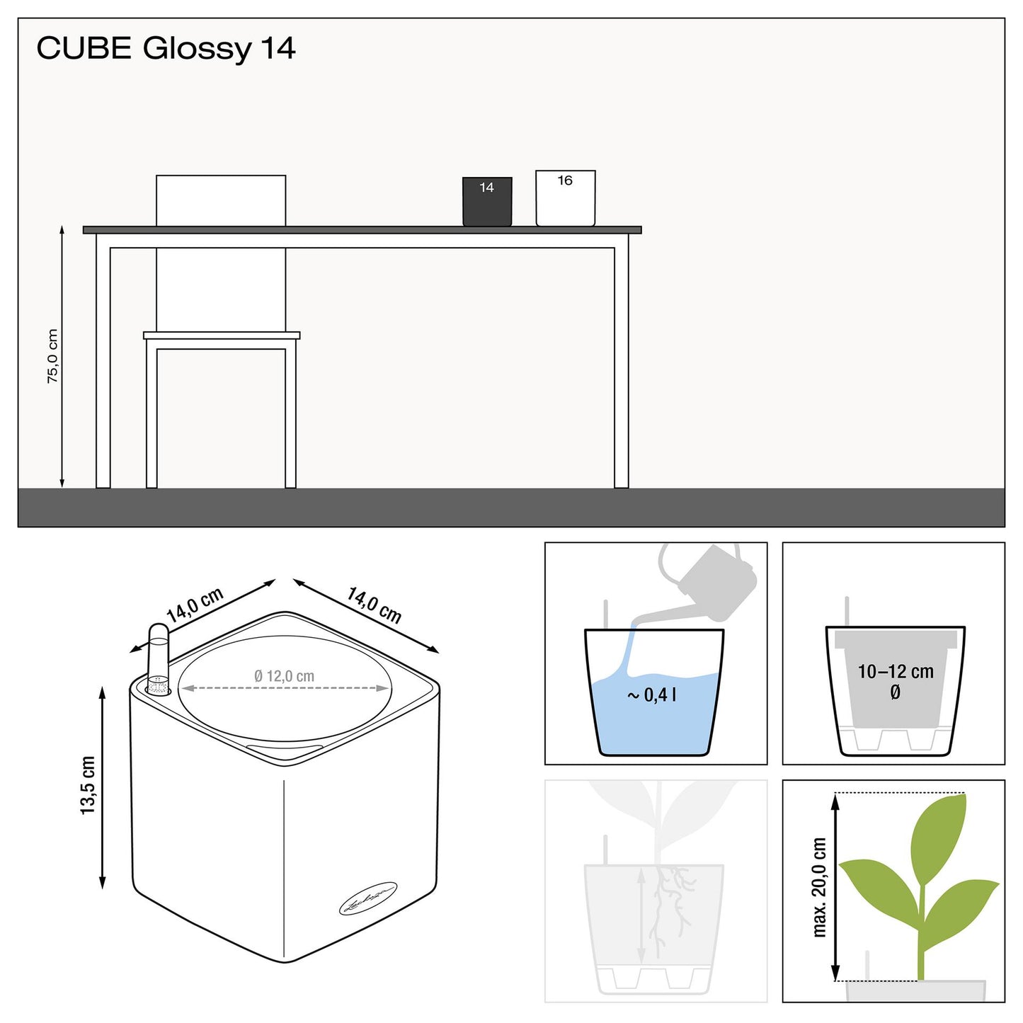 Вазон Lechuza Cube Glossy 14, антрацит