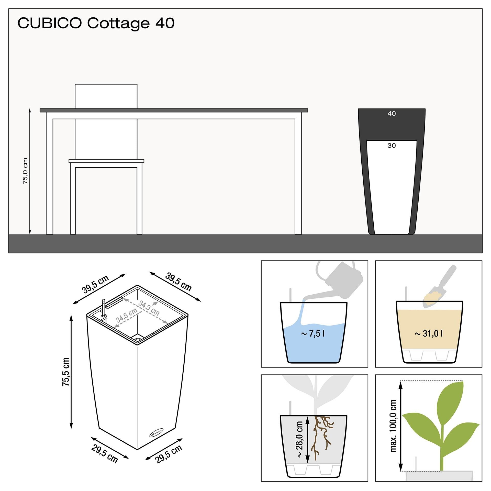 Вазон Lechuza Cubico Cottage 40, світло-сірий