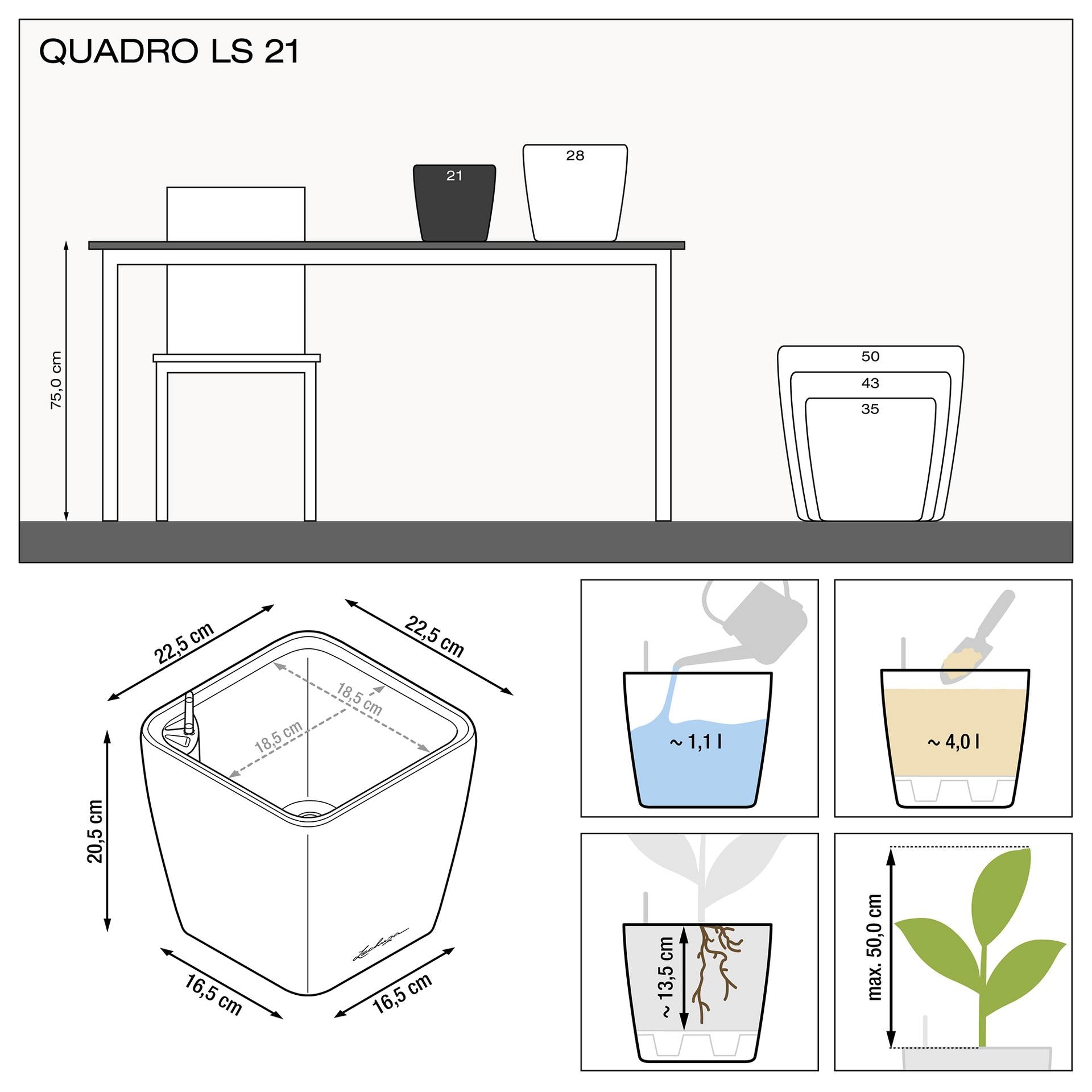 Вазон Lechuza Quadro Premium LS 21, сіро-коричневий