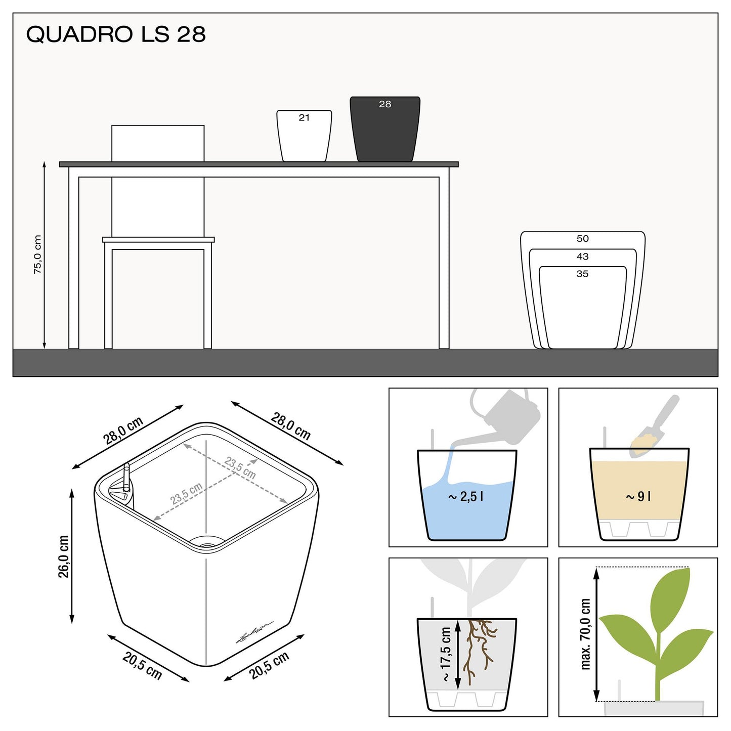 Вазон Lechuza Quadro Premium LS 28, сіро-коричневий