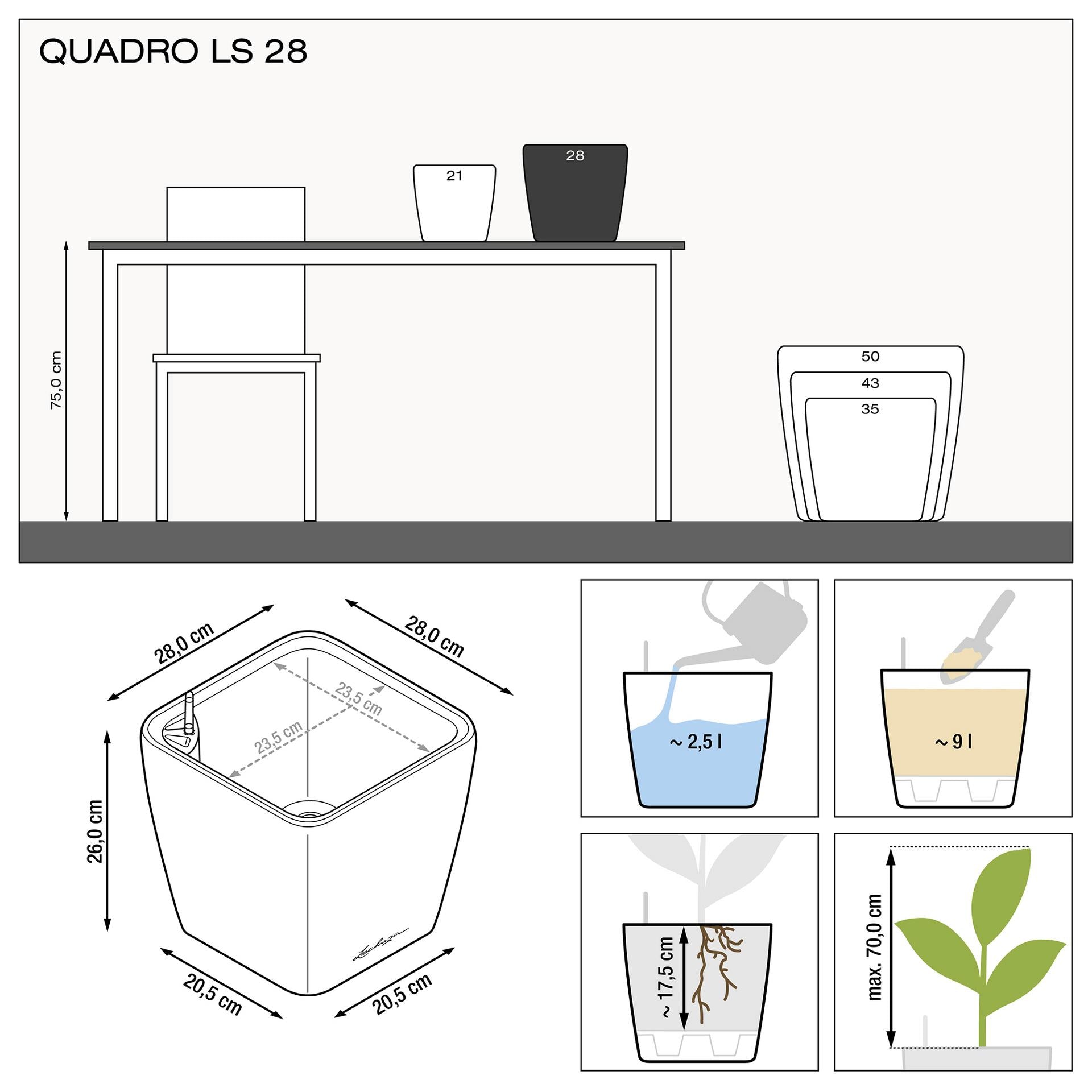 Вазон Lechuza Quadro Premium LS 28, сіро-коричневий