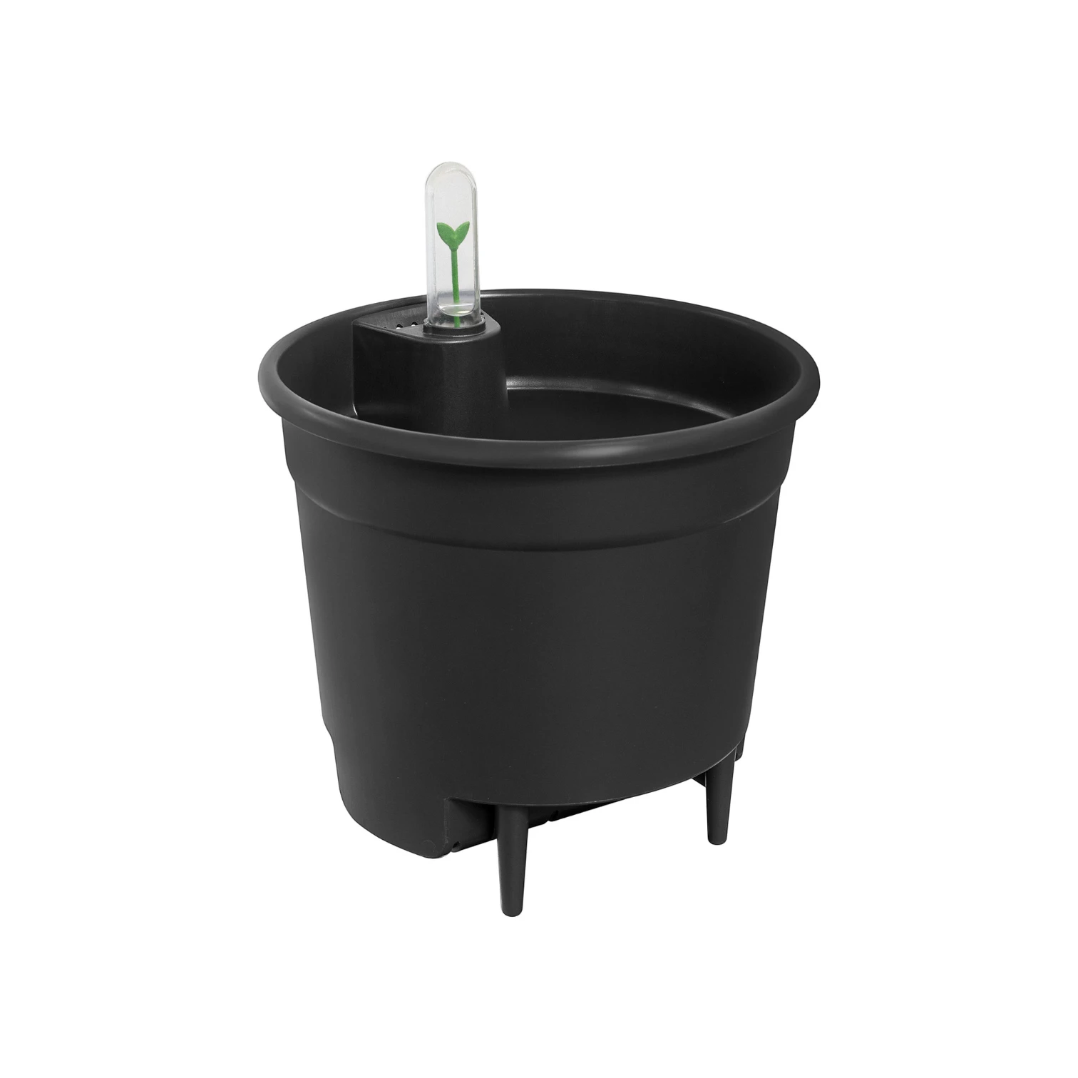 Внутрішній чорний горщик-вставка із системою автополиву Elho Self-Watering Insert та прозорим індикатором рівня води на білому фоні