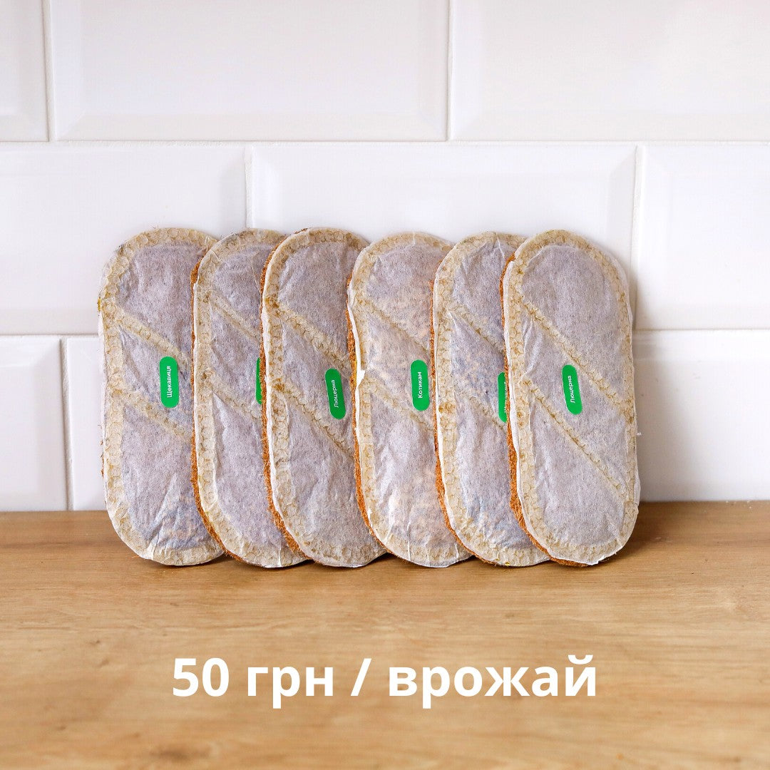 Набір з 6 килимків grow-some для вирощування мікрогріну з різним насінням на дерев'яній поверхні